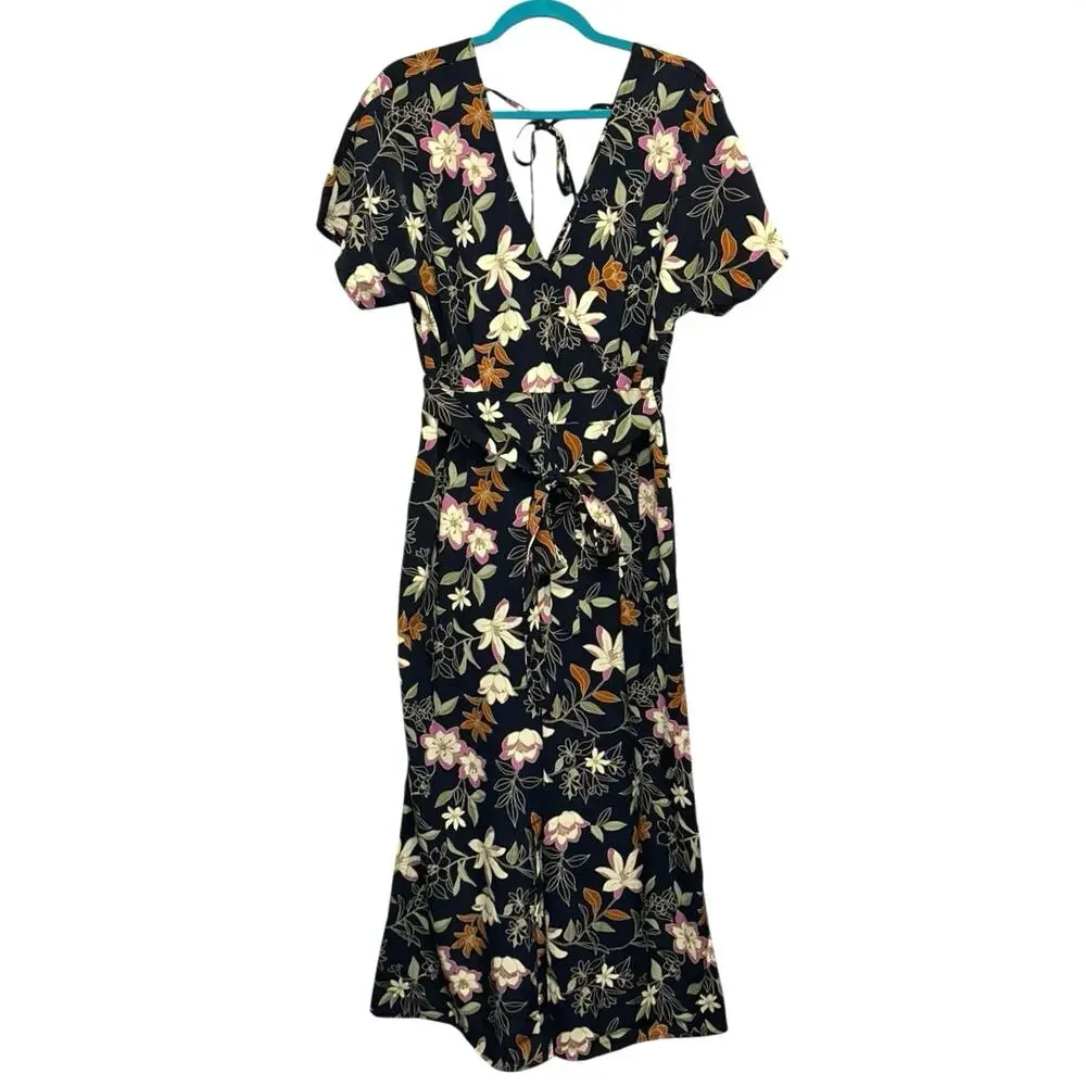 Blu Pepper Navy Floral Jumpsuit Boho Tie Waist Wide Leg Size Large